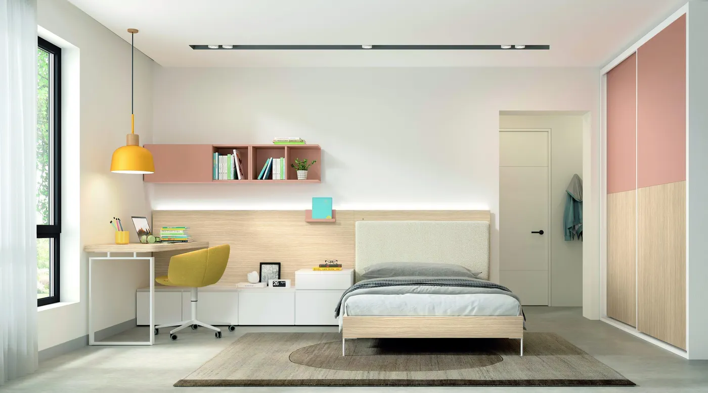 Cama volada con diseño moderno y cabecero tapizado