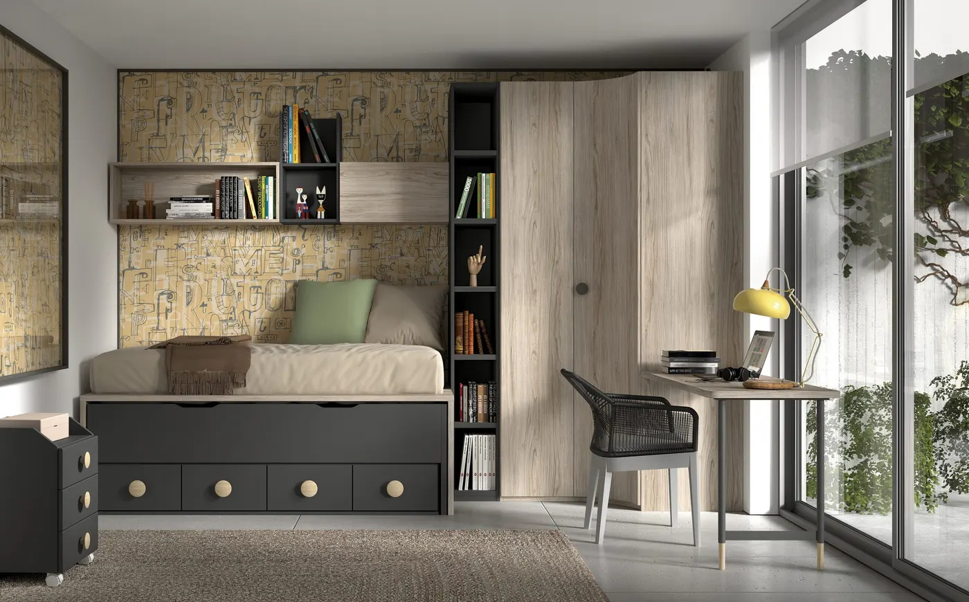 Ambiente con armario rincón curvo, distintas opciones para configurar interior