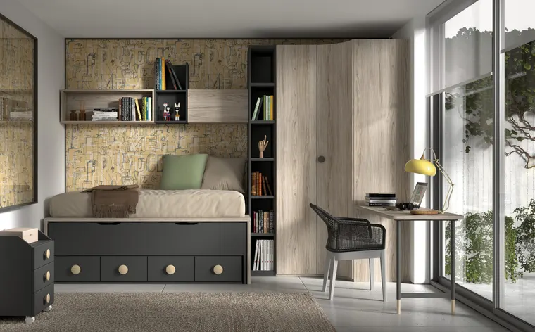 Ambiente con armario rincón curvo, distintas opciones para configurar interior